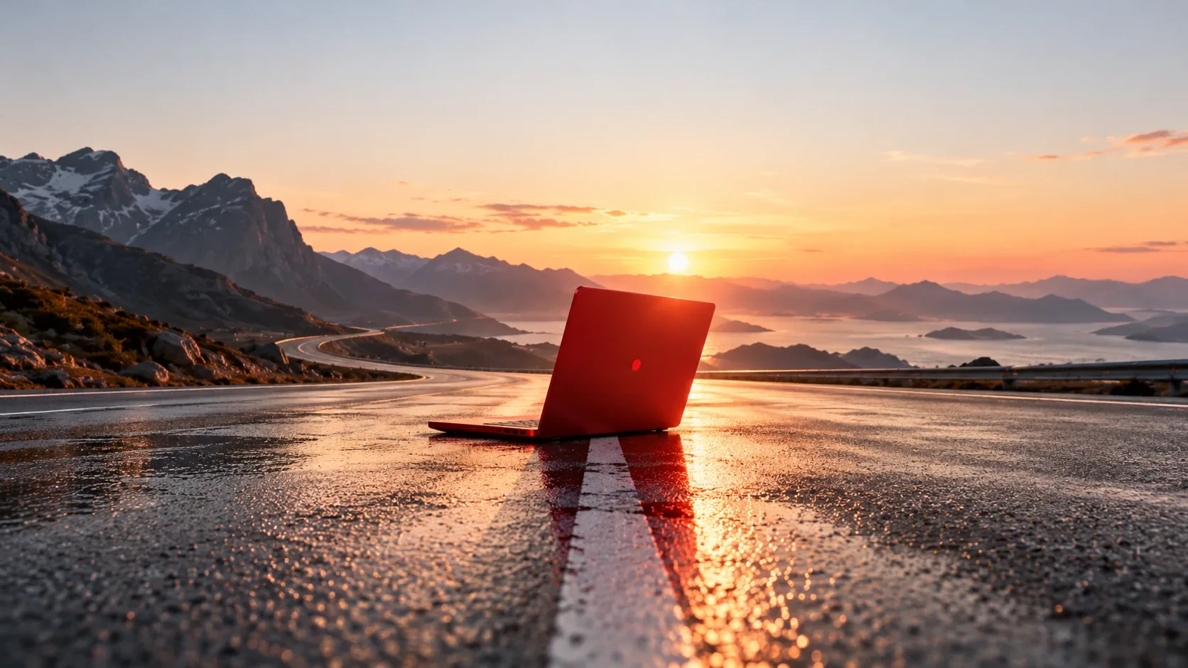 Un ordinateur portable rouge ouvert sur une route de montagne mouillée au coucher du soleil, avec la mer et des îles en arrière-plan