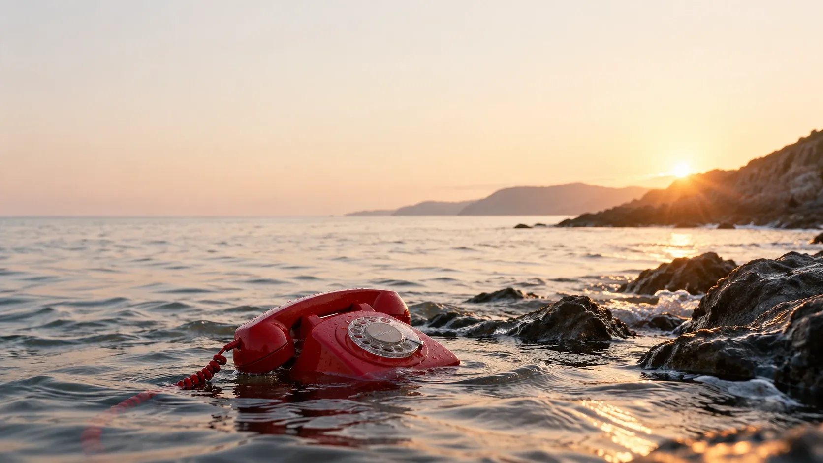 Un téléphone rétro rouge posé dans la mer peu profonde au coucher du soleil, avec des rochers et une côte en arrière-plan