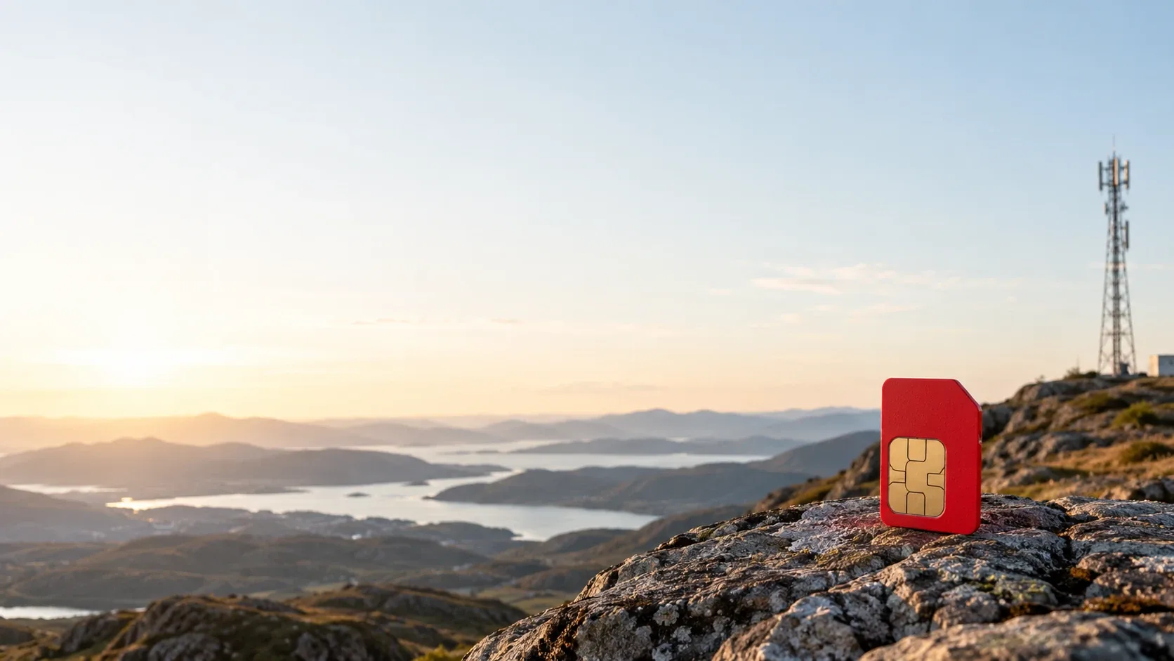 Une carte SIM rouge posée sur un rocher au sommet d’une colline dominant des lacs et des collines, avec une antenne télécom en bordure